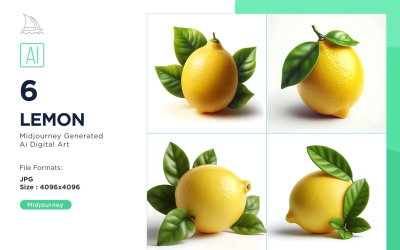 Fresh 6 Lemon fruit with green leaves isolated on white background Set Illustration