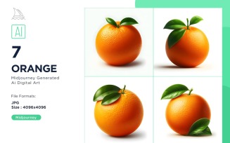 Fresh 7 Orange fruit with green leaves isolated on white background Set