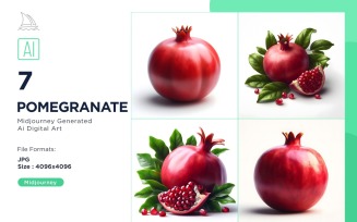 Fresh 7 Pomegranate fruit with green leaves isolated on white background Set