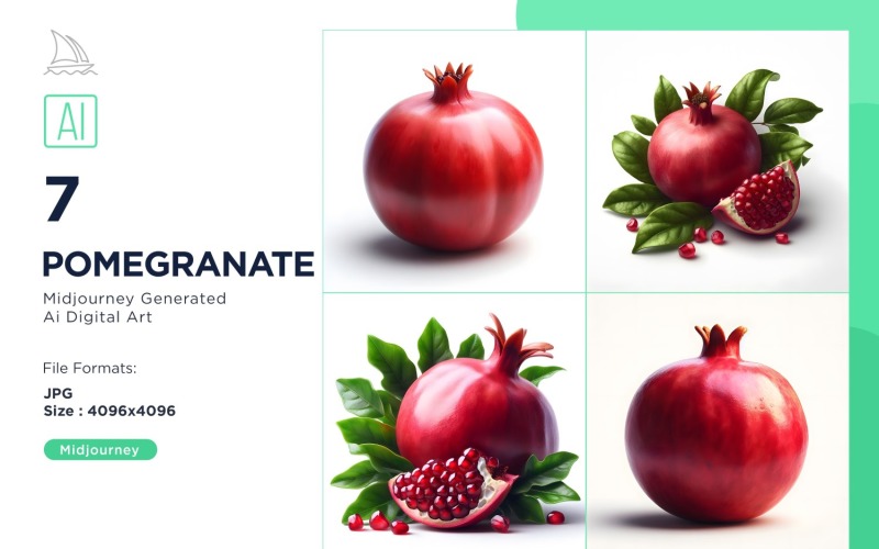 Fresh 7 Pomegranate fruit with green leaves isolated on white background Set Illustration