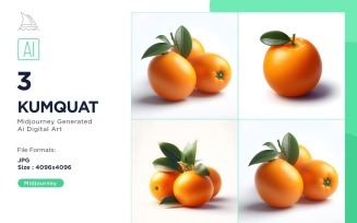 Fresh 3 Kumquat fruit with green leaves isolated on white background Set