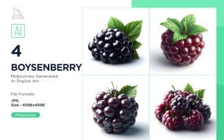 Fresh 4 Boysenberry fruit with green leaves isolated on white background Set