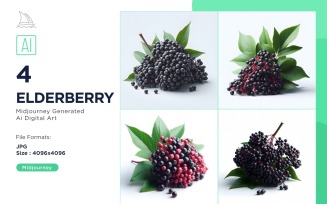 Fresh 4 Elderberry fruit with green leaves isolated on white background Set