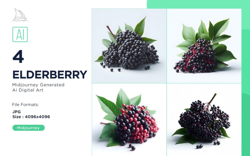 Fresh 4 Elderberry fruit with green leaves isolated on white background Set Illustration