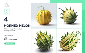 Fresh 4 Horned melon fruit with green leaves isolated on white background Set