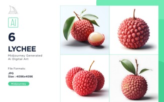 Fresh 6 Lychee fruit with green leaves isolated on white background Set