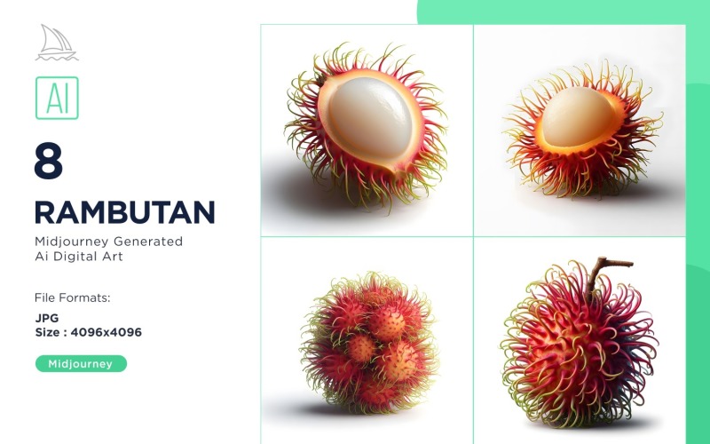 Fresh 8 Rambutan fruit with green leaves isolated on white background Set Illustration