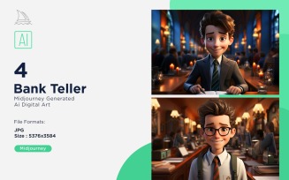 3D Pixar Character Child Boy Bank_Teller with relevant environment 4_Set