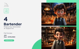 3D Pixar Character Child Boy Bartender with relevant environment 4_Set