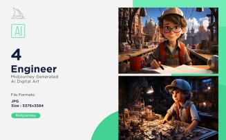 3D Pixar Character Child Boy Engineer with relevant environment 4_Set