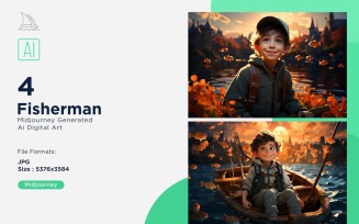 3D Pixar Character Child Boy Fisherman with relevant environment 4_Set