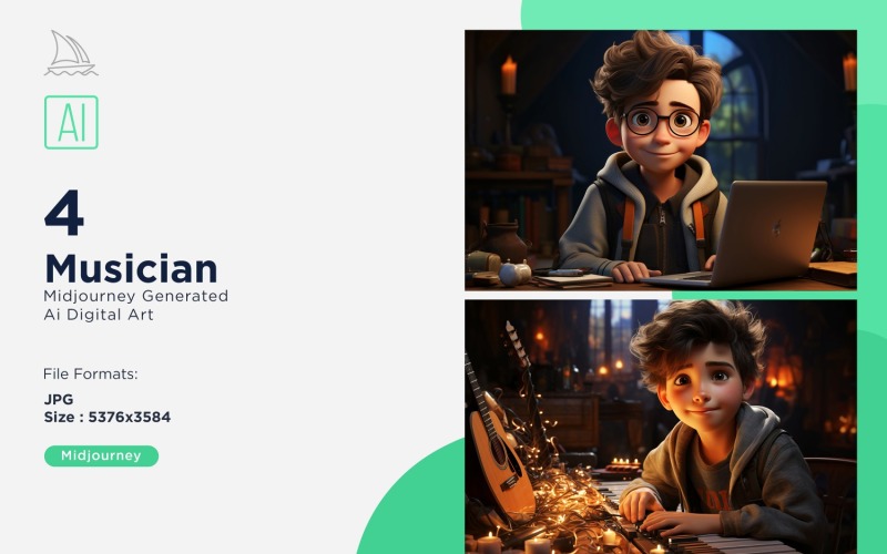 3D Pixar Character Child Boy Musician with relevant environment 4_Set Illustration