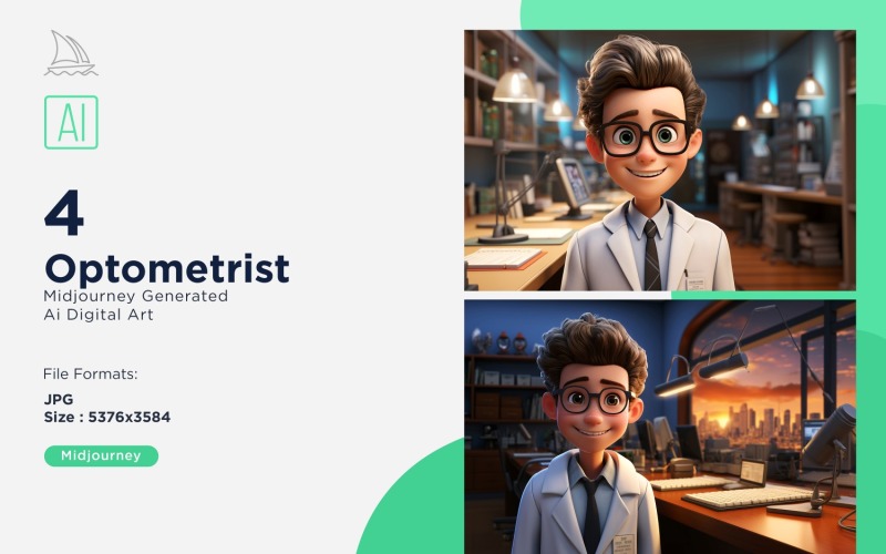 3D Pixar Character Child Boy Optometrist with relevant environment 4_Set Illustration