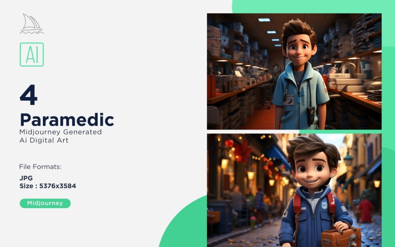 3D Pixar Character Child Boy Paramedic with relevant environment 4_Set Illustration