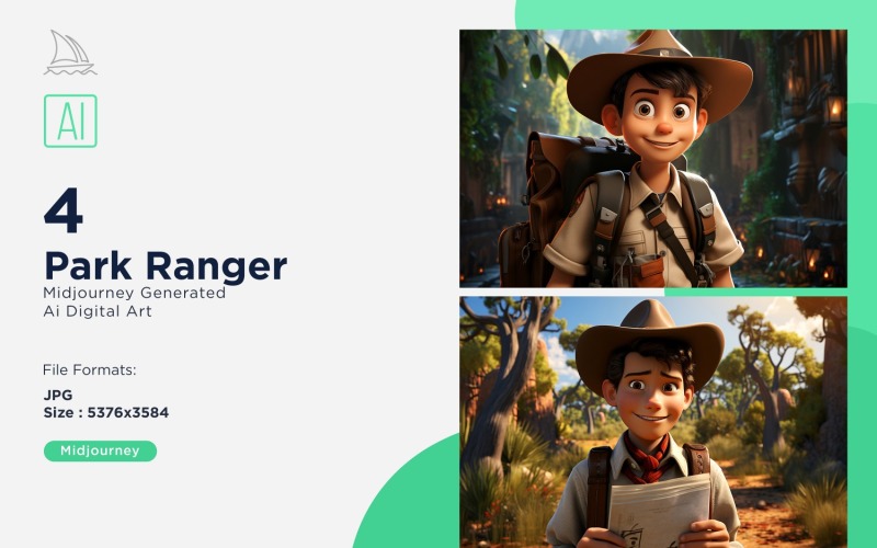 3D Pixar Character Child Boy Park_Ranger with relevant environment 4_Set Illustration