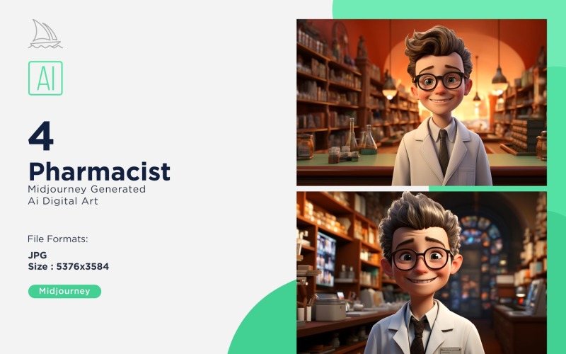 3D Pixar Character Child Boy Pharmacist with relevant environment 4_Set Illustration