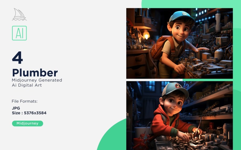 3D Pixar Character Child Boy Plumber with relevant environment 4_Set Illustration