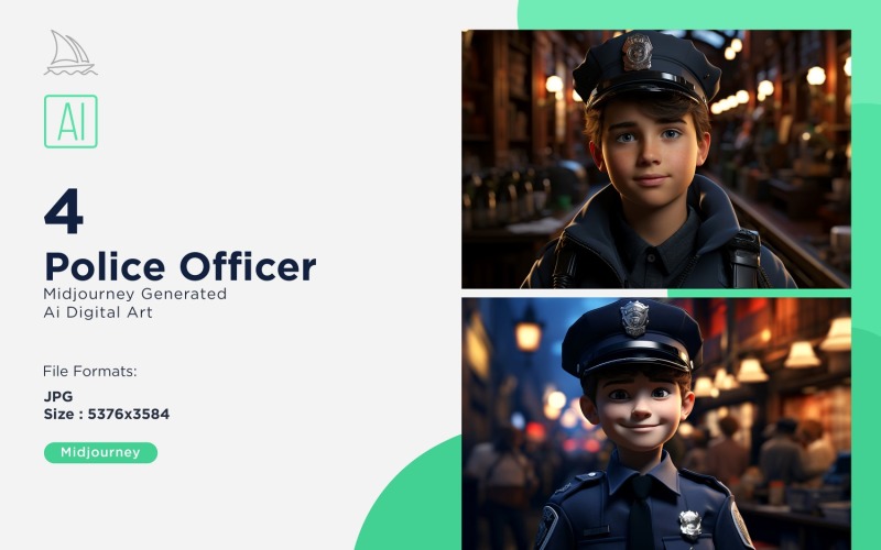 3D Pixar Character Child Boy Police_Officer with relevant environment 4_Set Illustration