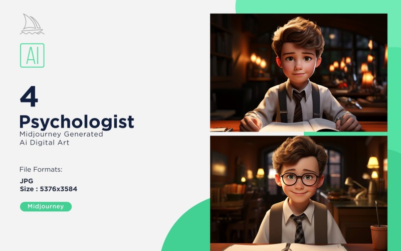 3D Pixar Character Child Boy Psychologist with relevant environment 4_Set Illustration