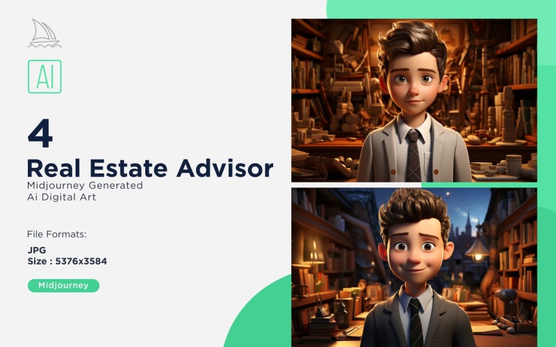 3D Pixar Character Child Boy Real Estate Advisor with relevant environment 4_Set Illustration