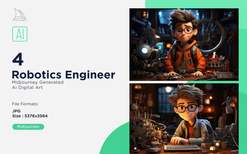 3D Pixar Character Child Boy Robotics_Engineer with relevant environment 4_Set Illustration