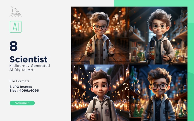 3D Pixar Character Child Boy Scientist with relevant environment 8_Set Vol - 1 Illustration