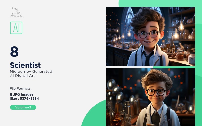 3D Pixar Character Child Boy Scientist with relevant environment 8_Set Vol - 2 Illustration