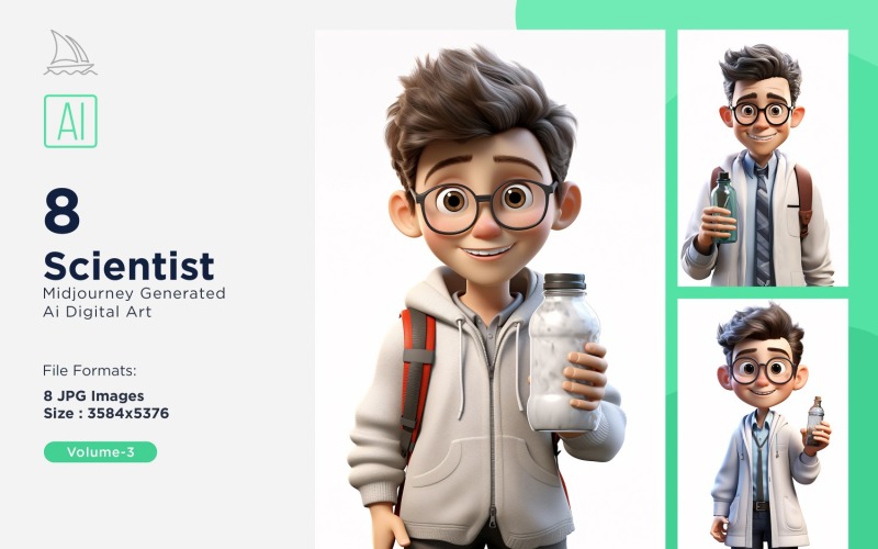 3D Pixar Character Child Boy Scientist with relevant environment 8_Set Vol - 3 Illustration