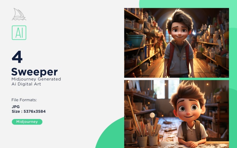 3D Pixar Character Child Boy Sweeper with relevant environment 4_Set Illustration