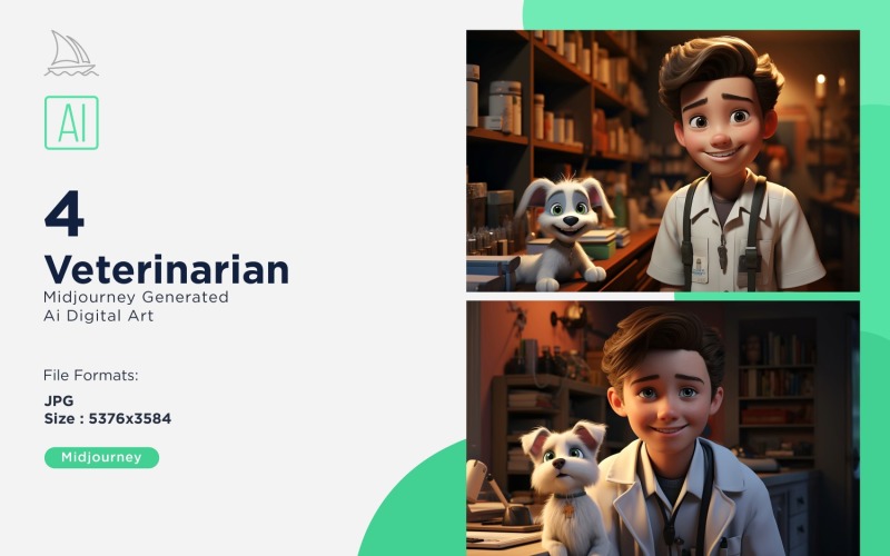 3D Pixar Character Child Boy Veterinarian with relevant environment 4_Set Illustration