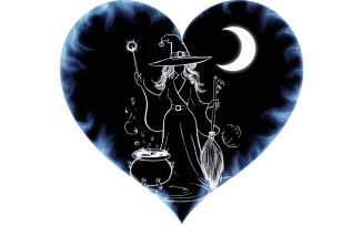 drawing of witchy elements and a celestial background. Inside a heart shspe