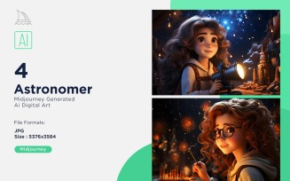 3D Pixar Character Child Girl Astronomer with relevant environment Set
