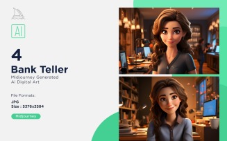 3D Pixar Character Child Girl Bank Teller with relevant environment Set