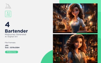 3D Pixar Character Child Girl Bartender with relevant environment Set