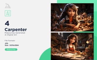3D Pixar Character Child Girl Carpenter with relevant environment Set