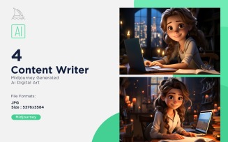 3D Pixar Character Child Girl Content Writer with relevant environment Set