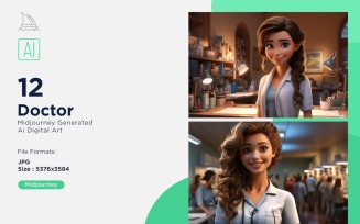 3D Pixar Character Child Girl Doctor with relevant environment Set