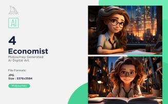 3D Pixar Character Child Girl Economist with relevant environment Set