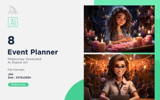 3D Pixar Character Child Girl Event Planner with relevant environment Set