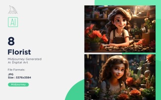 3D Pixar Character Child Girl Florist with relevant environment Set