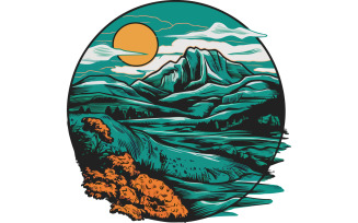 mountain. sky and sun vector art illustration draw