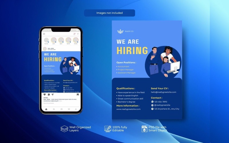 PSD Template for Hiring Job Vacancy Banner Flyer Blue Social Media