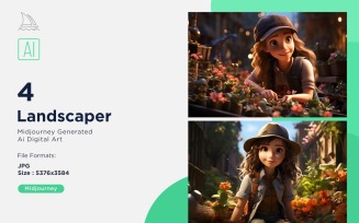 3D Pixar Character Child Girl Landscaper with relevant environment Set