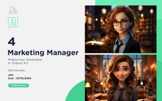 3D Pixar Character Child Girl Marketing Manager with relevant environment Set