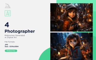3D Pixar Character Child Girl Photographer with relevant environment Set