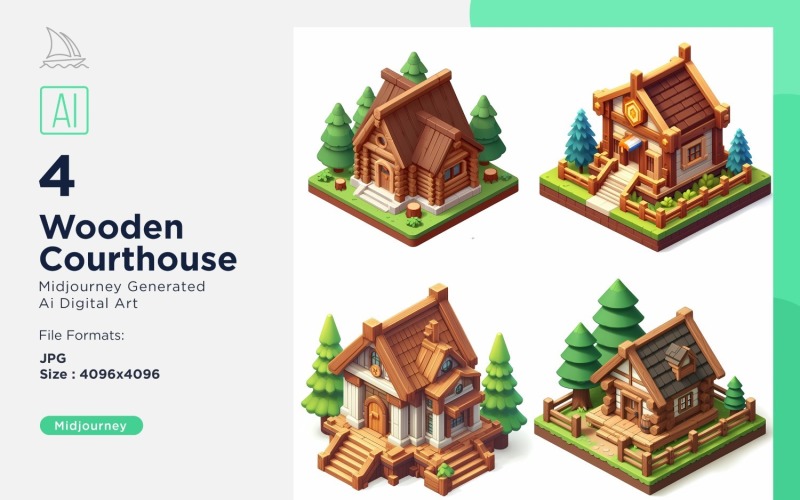 Courthouse Forest Wooden Building Isometric Set 19 Illustration