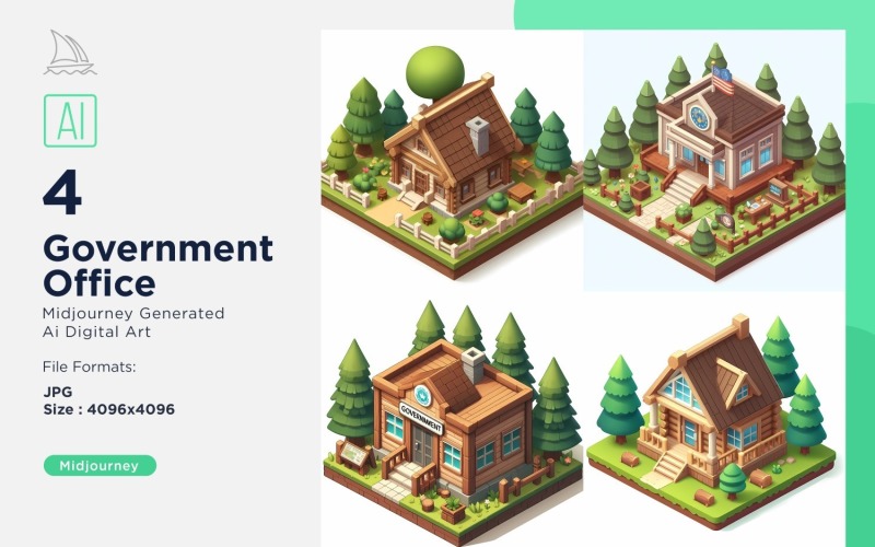 Government Office Forest Wooden Building Isometric Set 20 Illustration