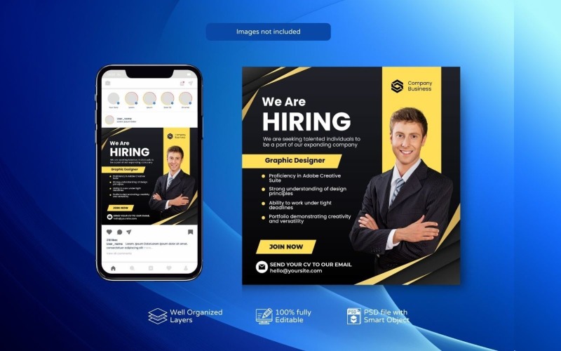 Hiring Job Vacancy: Square Banner Template PSD Black Social Media