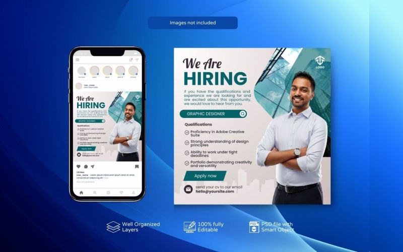 Hiring Job Vacancy: Square Banner Template PSD Green Social Media