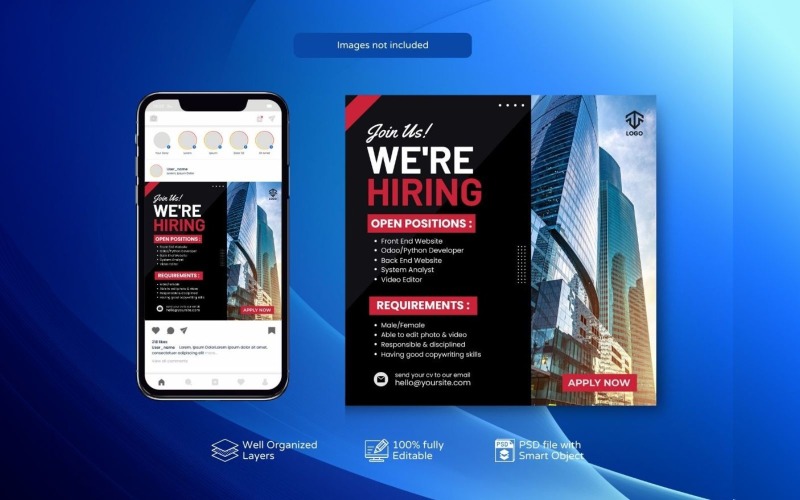 Hiring Job Vacancy: Square Banner Template PSD Red Social Media